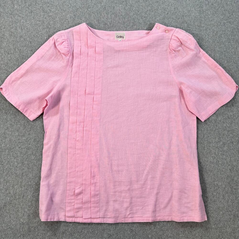 Cesley Vintage Pink Pleated Blouse Women's 14 Short Sleeve Linen